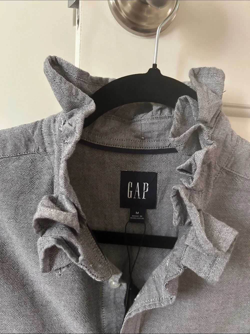 GAP Grey Button-Down Shirt recreated for a woman with a ruffled collar